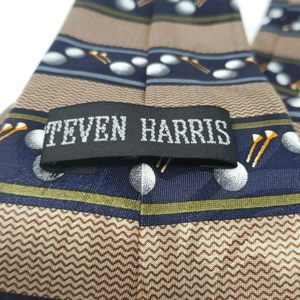 Steven Harris Tie Necktie Golf Balls‎ Tee Blue Tan Brown